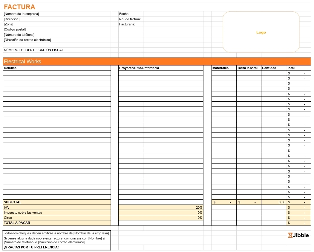 Plantilla de factura para subcontratistas