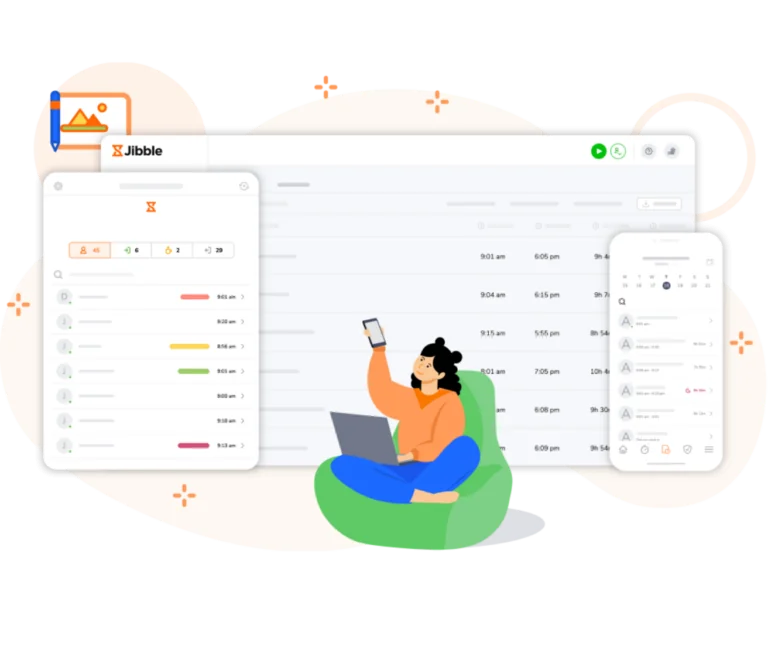 O app do Jibble exibido em celular, tablet e notebooks