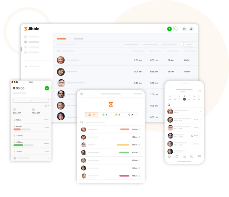 Com o software de relógio de ponto biométrico do Jibble consegue controlar suas horas a partir de qualquer dispositivo: desktop, celular ou tablet