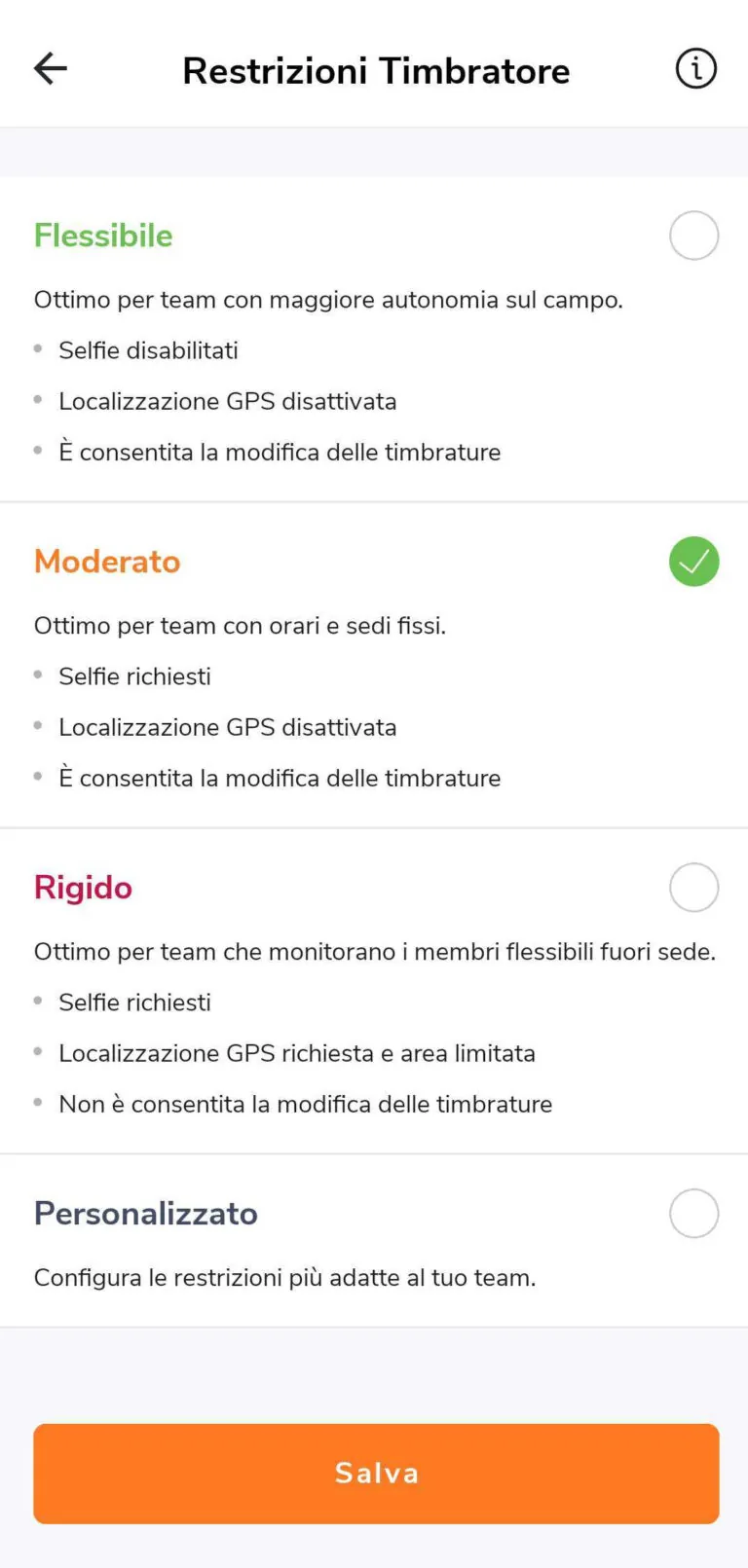 Restrizioni di timbrature personalizzate.