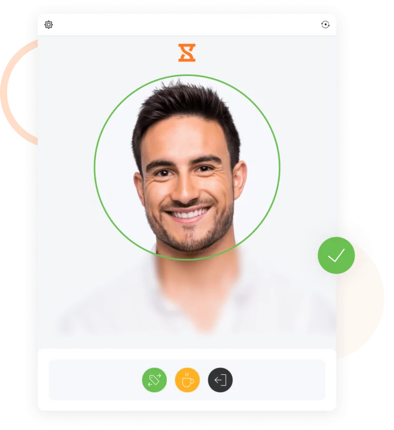 O modo rápido do quiosque permite que você registre entradas e saídas rapidamente graças ao sistema de reconhecimento facial