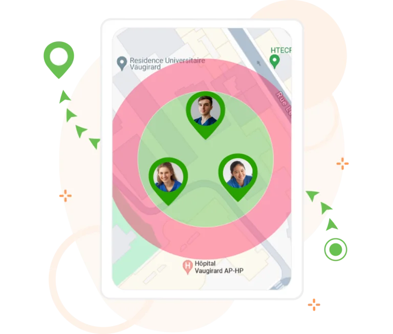Les géofences sont affichées autour du domicile des patients via l'application de Jibble pour le suivi des heures de soins à domicile