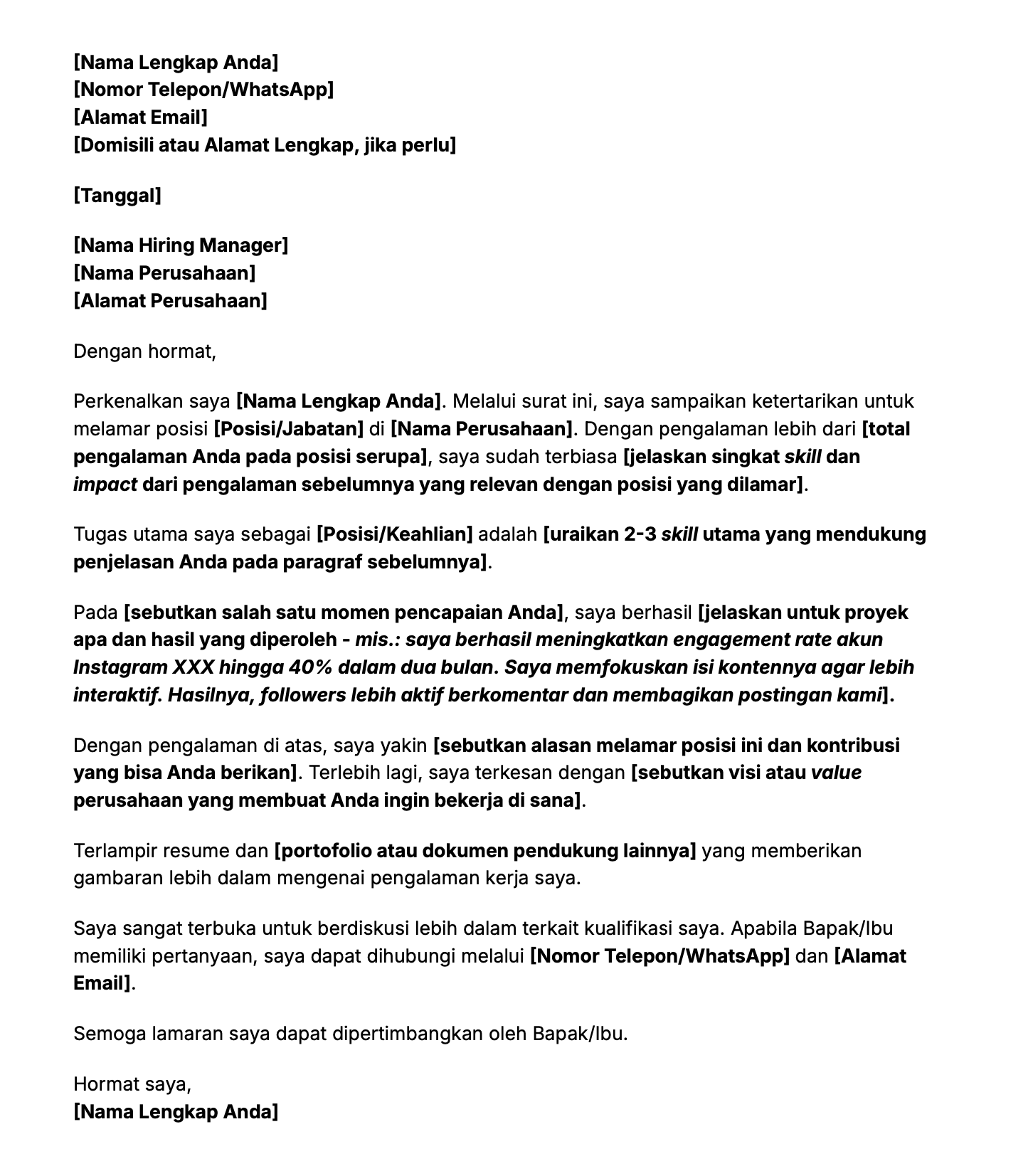 Contoh cover letter bahasa Indonesia