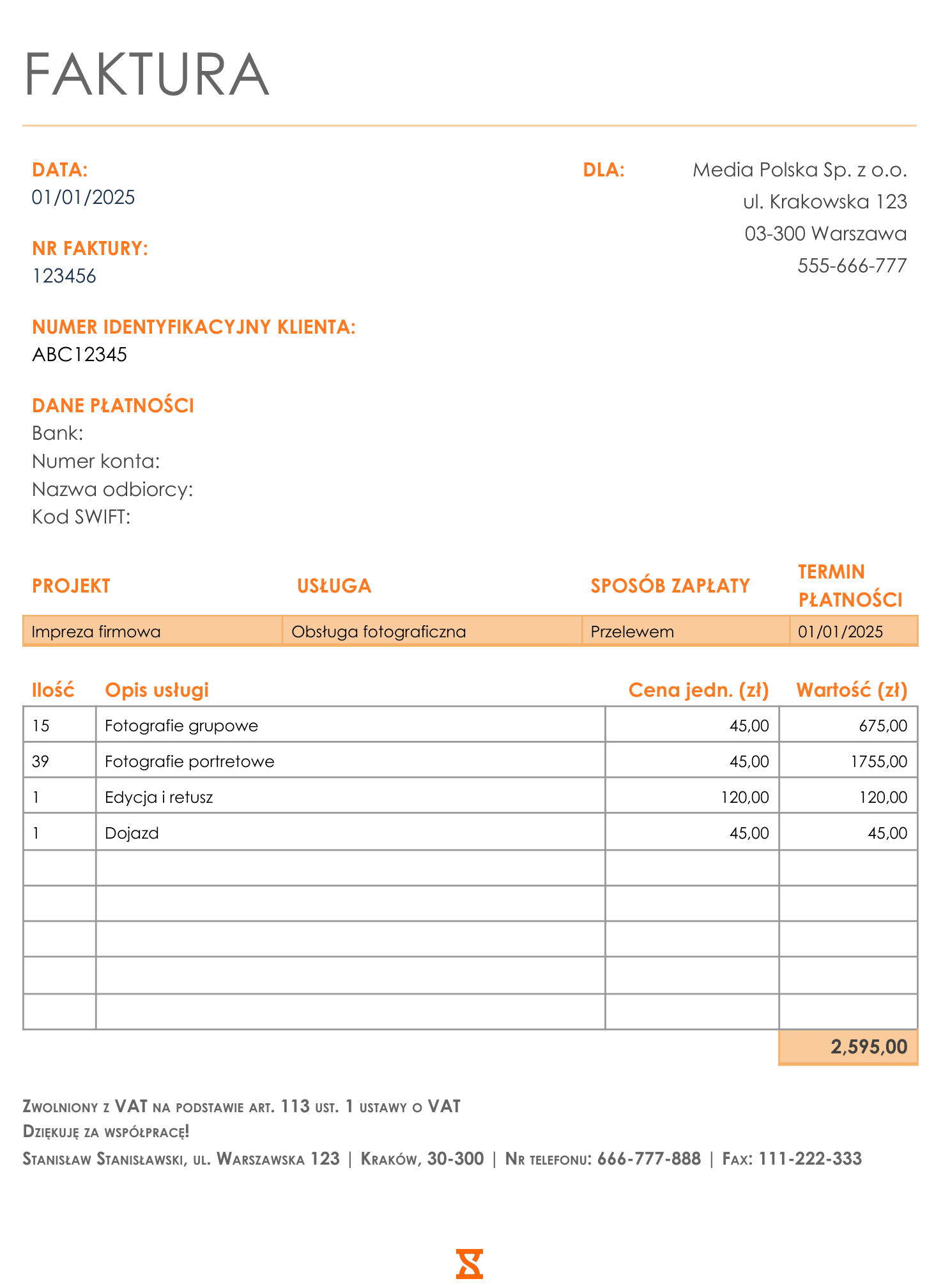 Darmowy wzór faktury bez VAT dla freelancerów przygotowany przez Jibble.