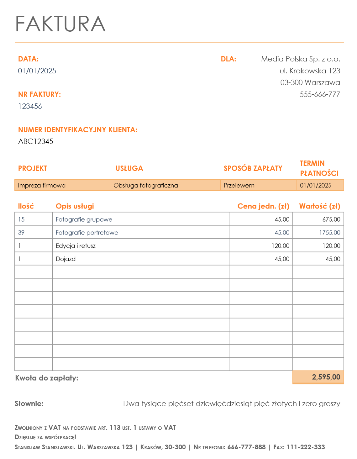 Faktura dla freelancerów zwolnionych od podatku VAT.