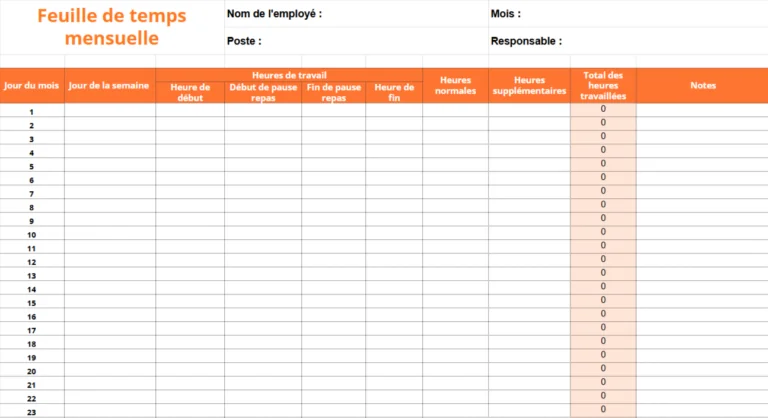 Modèle gratuit de feuille de temps mensuelle de Jibble