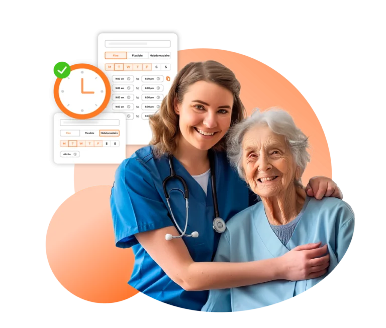 Une infirmière et une patiente âgée souriant