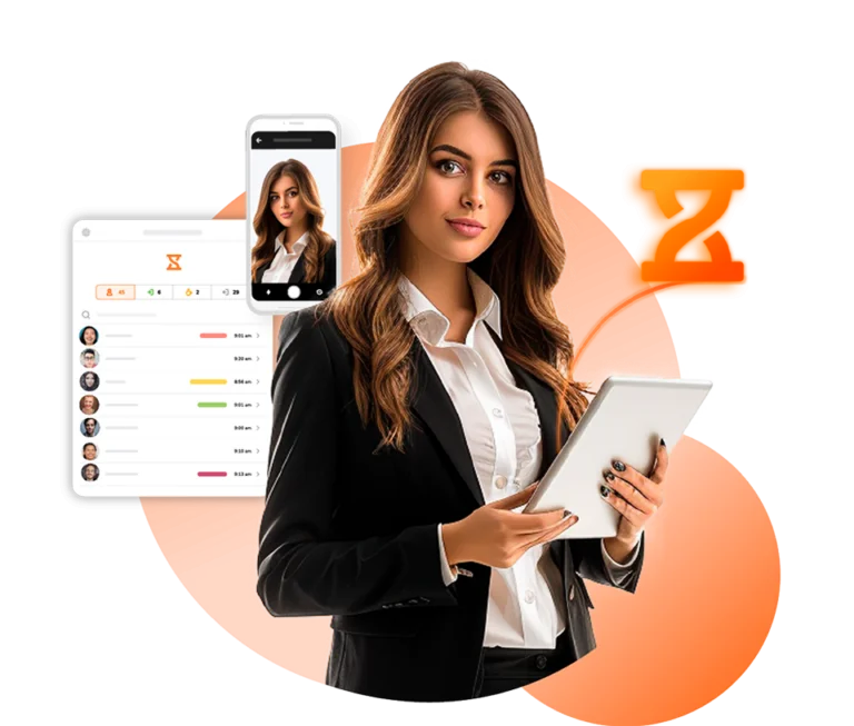 Ragazza che gestisce le presenze su tablet con Jibble.