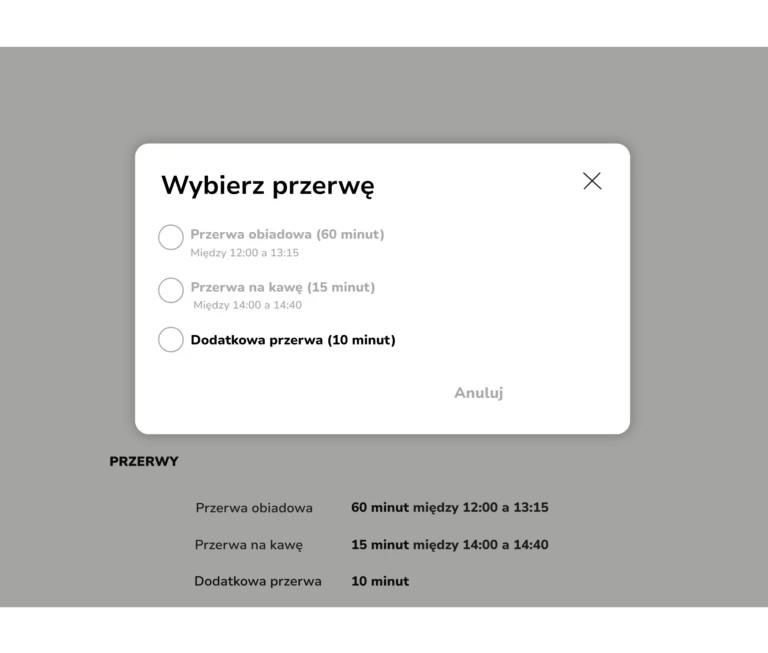 Okno wyboru przerwy w programie Jibble.