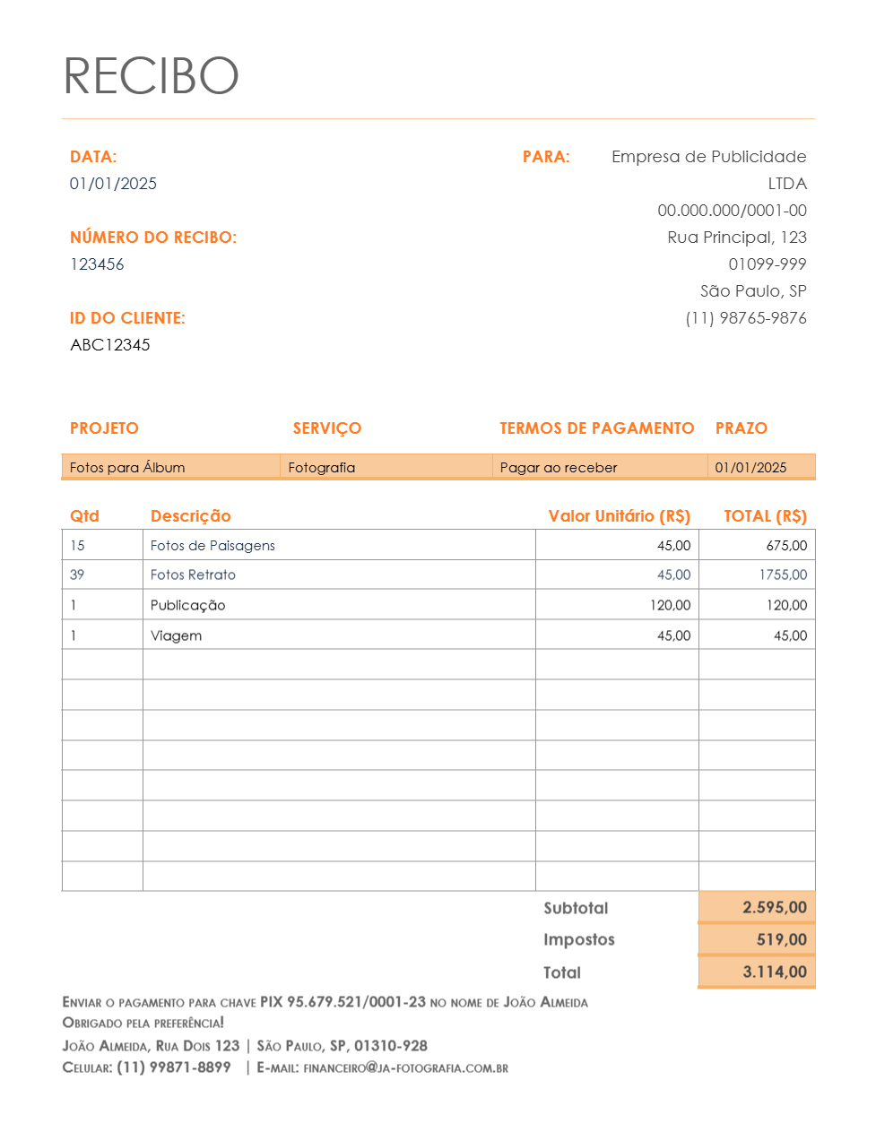 Modelo de recibo para freelancers grátis do Jibble