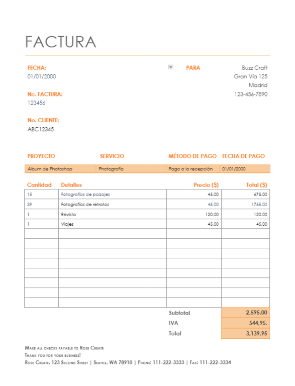 Plantilla de una factura para freelancer o autónomo