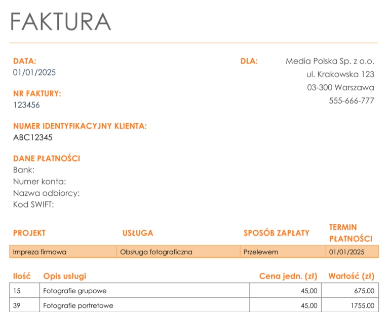 Darmowy wzór faktury bez VAT dla freelancerów przygotowany przez Jibble.
