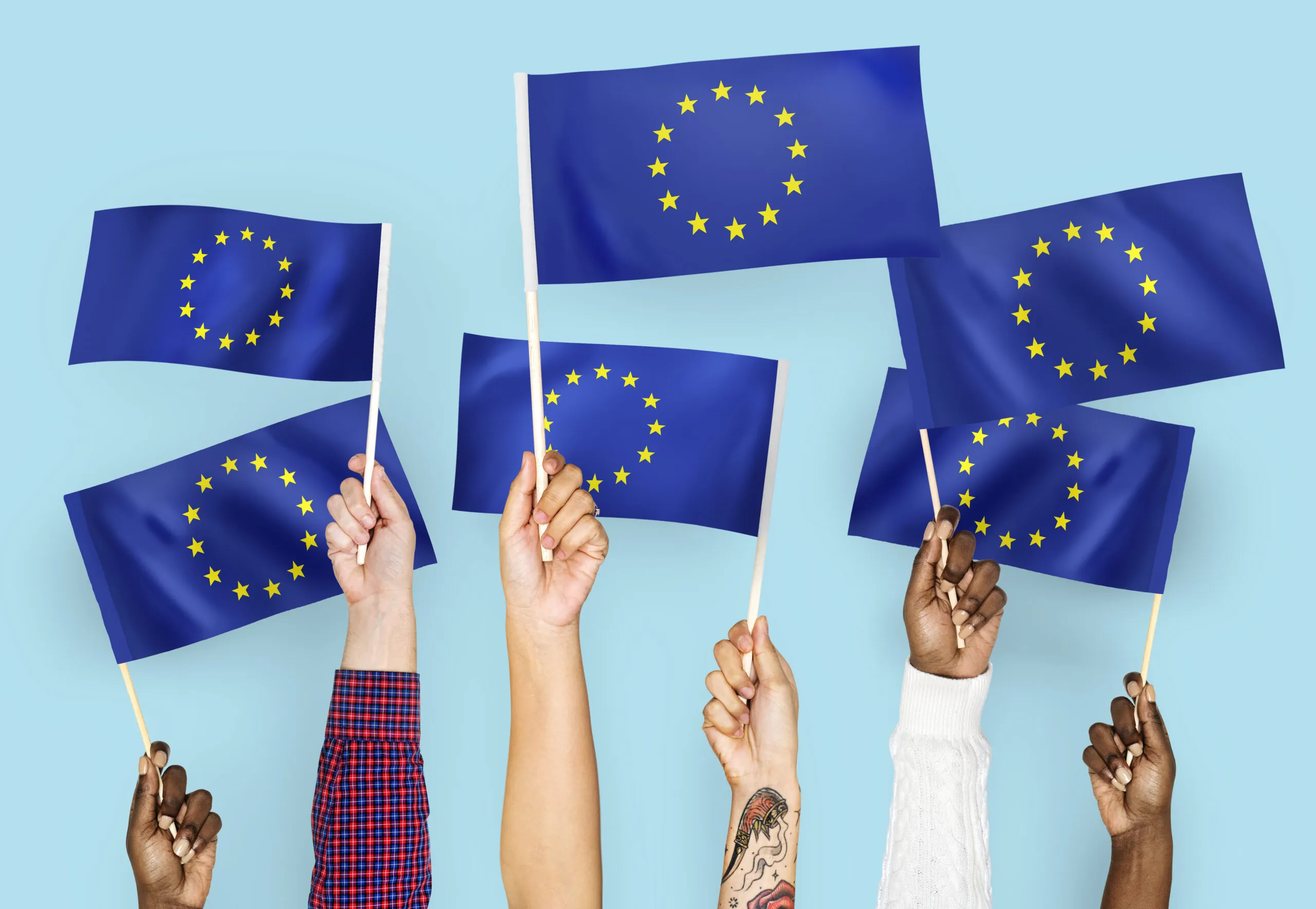 Ręce trzymające flagi Unii Europejskiej.