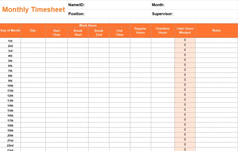 Free monthly timesheet template by Jibble