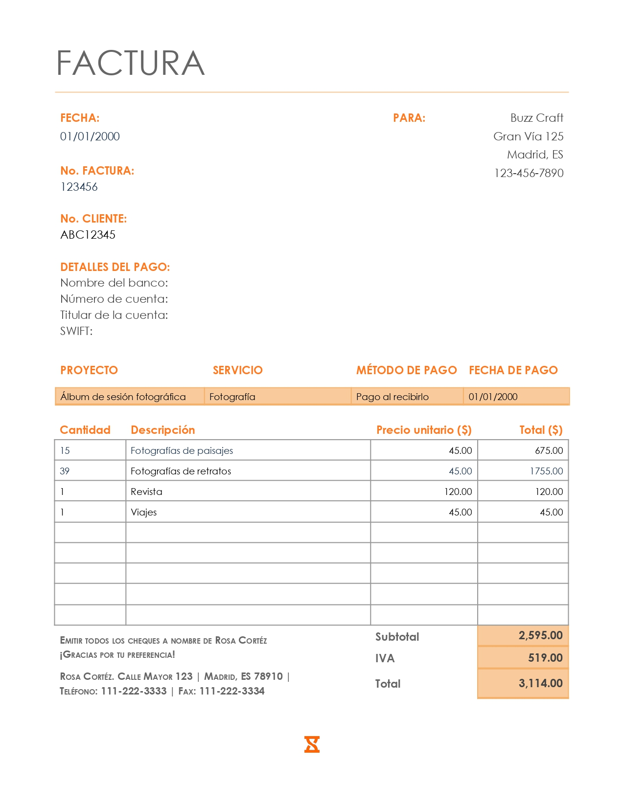 Plantilla de factura para freelancer o autónomo
