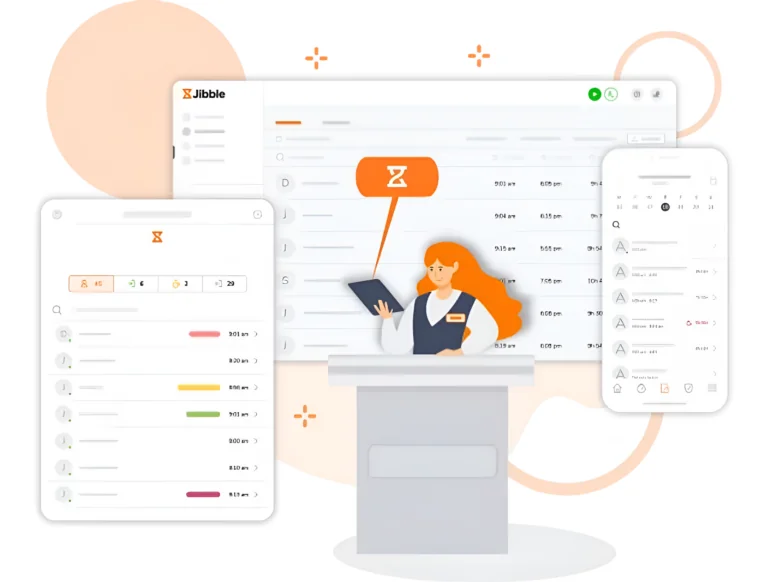 Gestione delle presenze da parte di una receptionist di un hotel su qualsiasi dispositivo con Jibble.