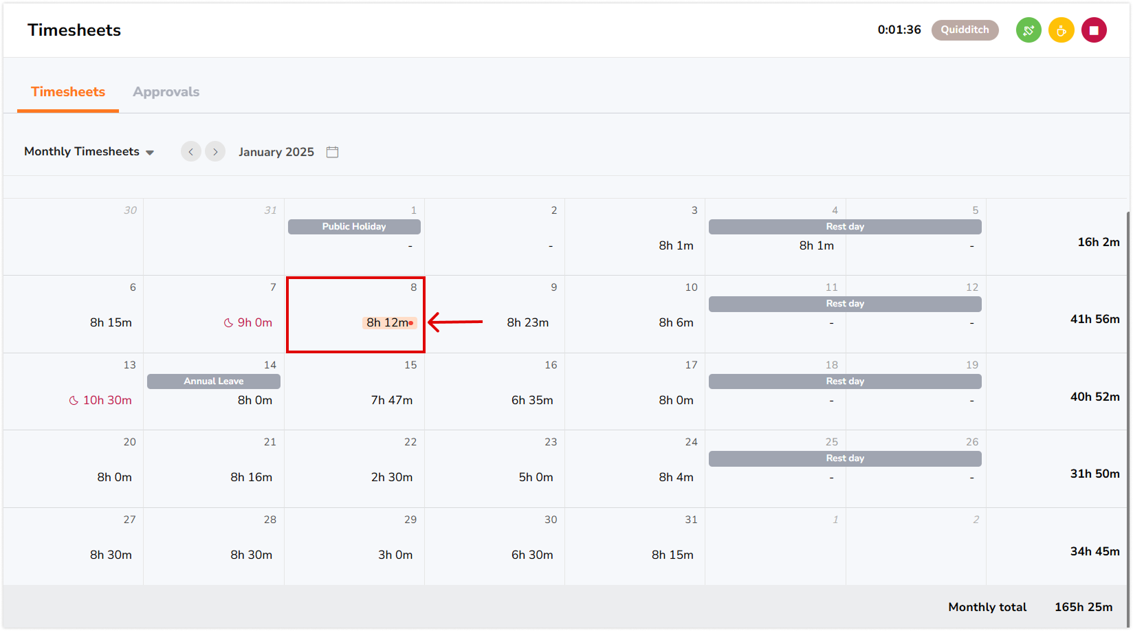 Monthly personal timesheets updated in real-time and shown as a red indicator when new time entries are added