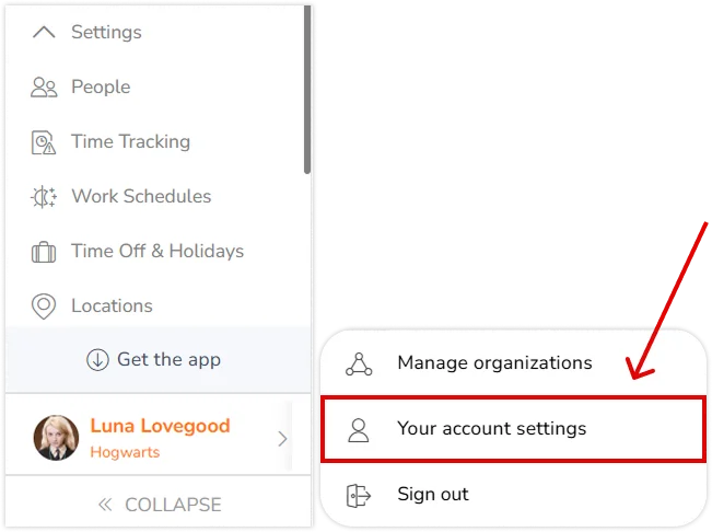 Your account settings tab on web app
