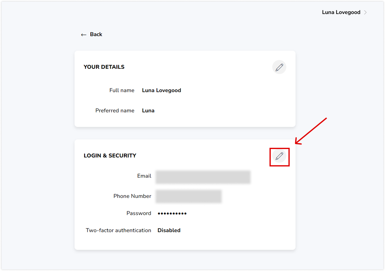Pencil icon on login and security widget on user page