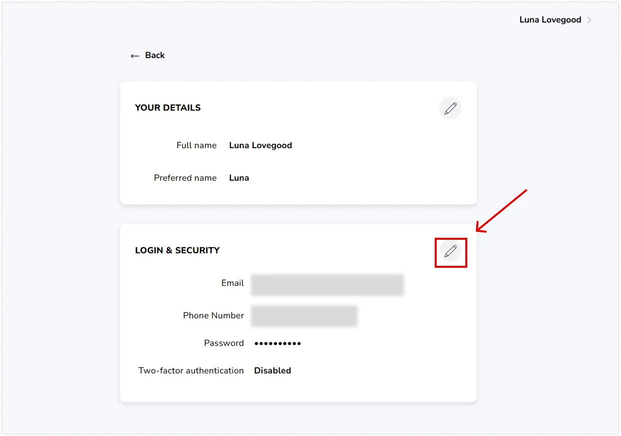 Pencil icon on login and security widget on user page