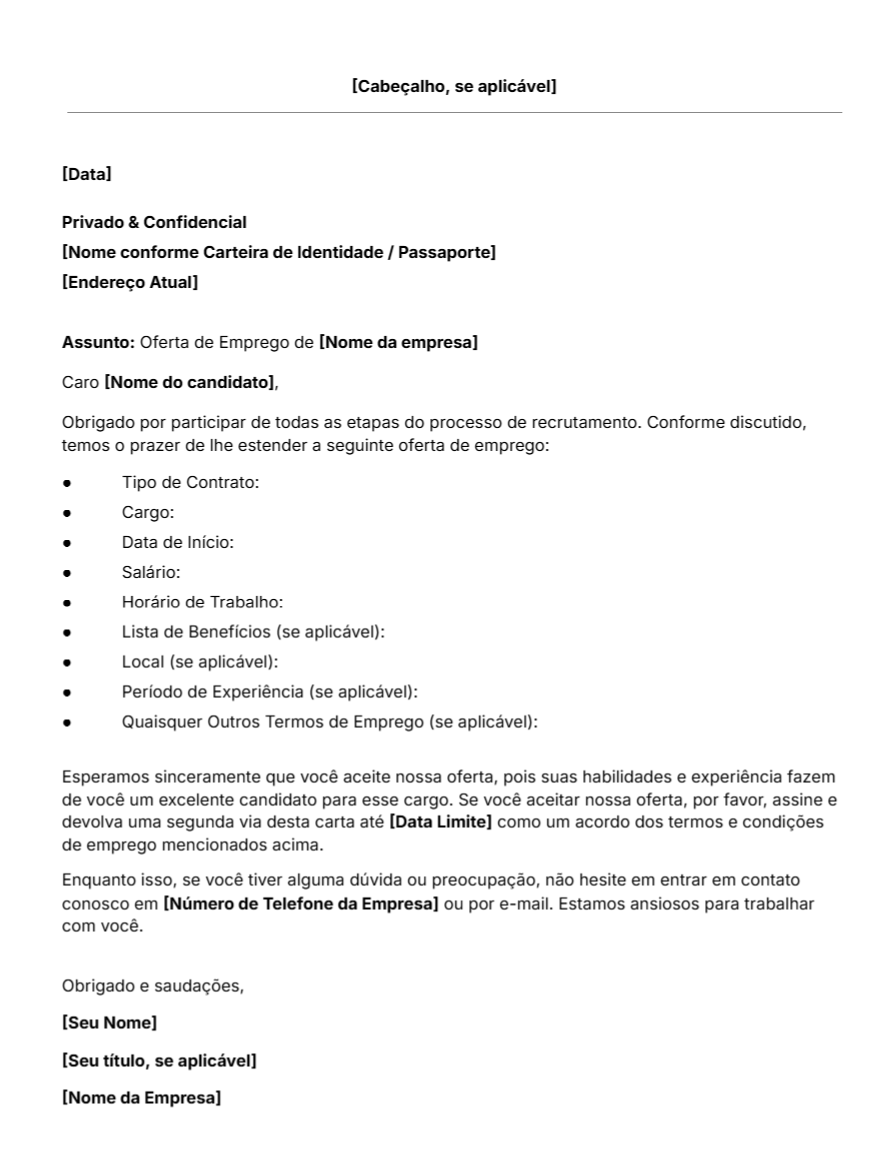 Modelo de carta de oferta de emprego grátis