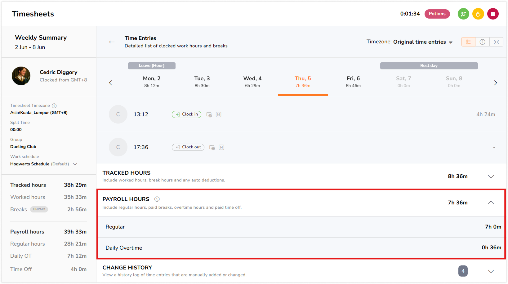 Payroll hours under time entries view