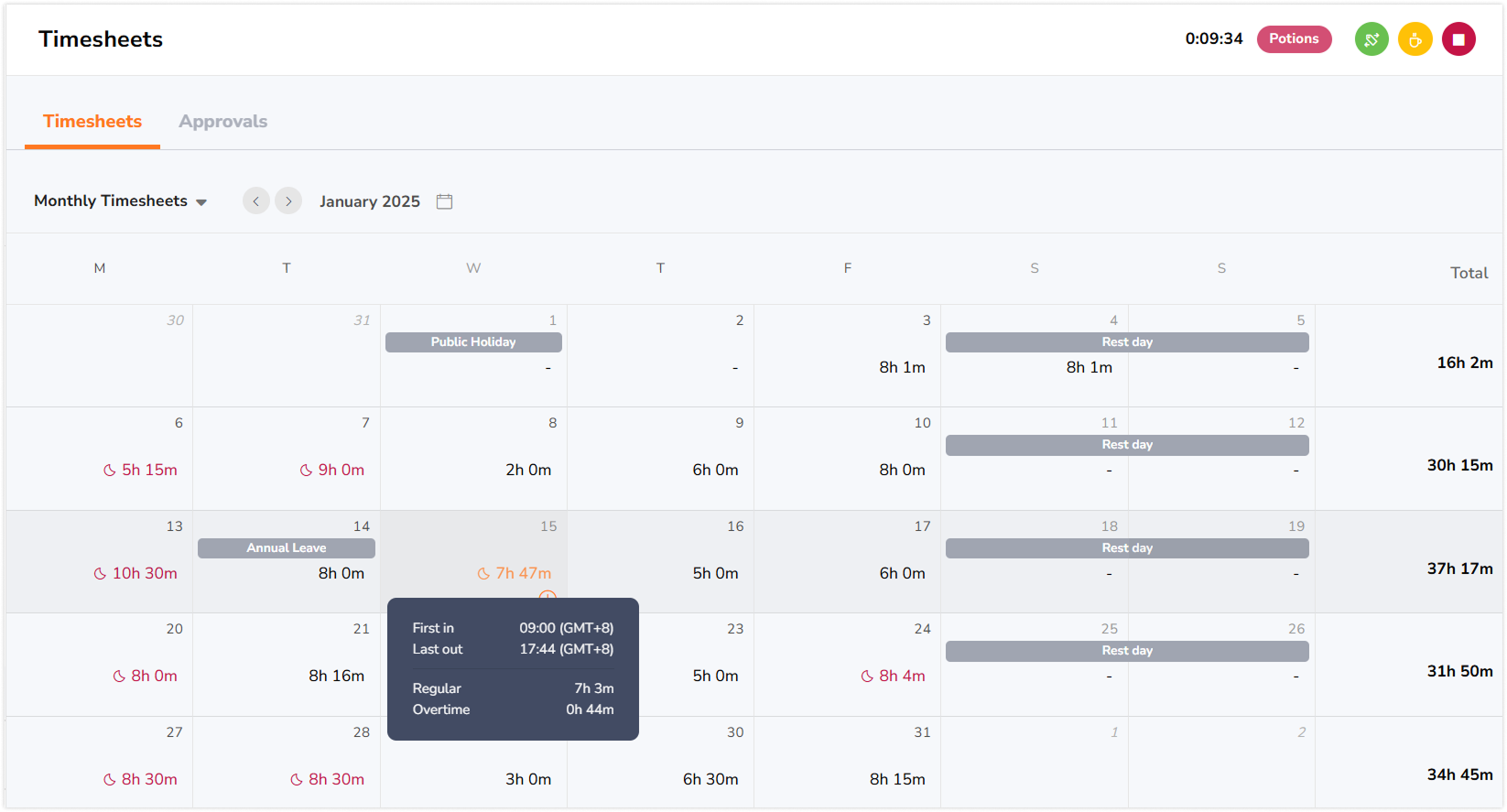 Monthly personal timesheet
