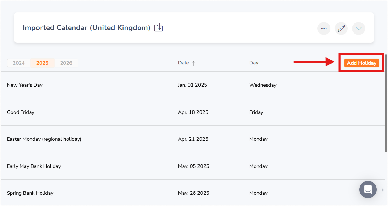 Add Holiday button under Time Off & Holidays tab
