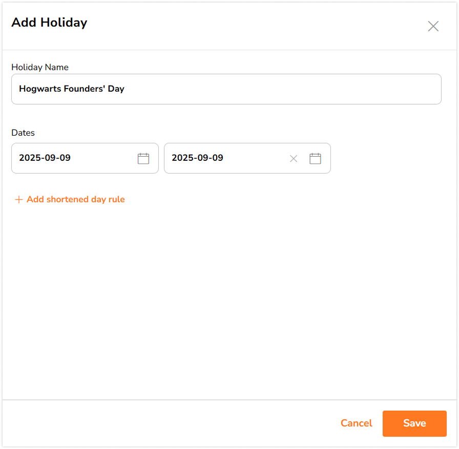 Name and date fields for custom holiday