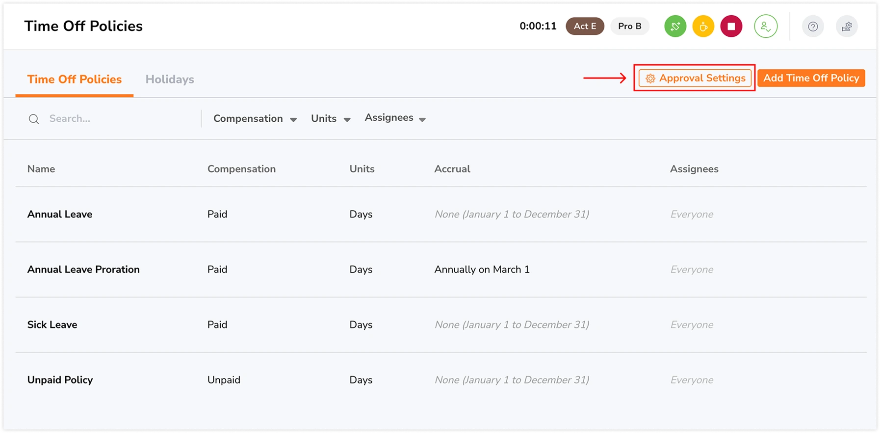 Accessing approval settings for time off