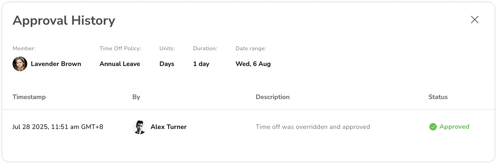 Approval history with override action logged