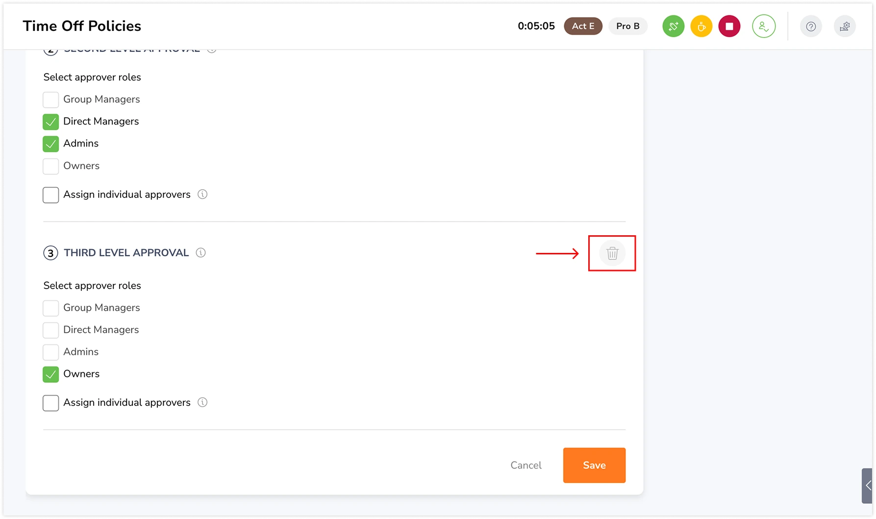 Bin icon to delete approval level on general approval settings