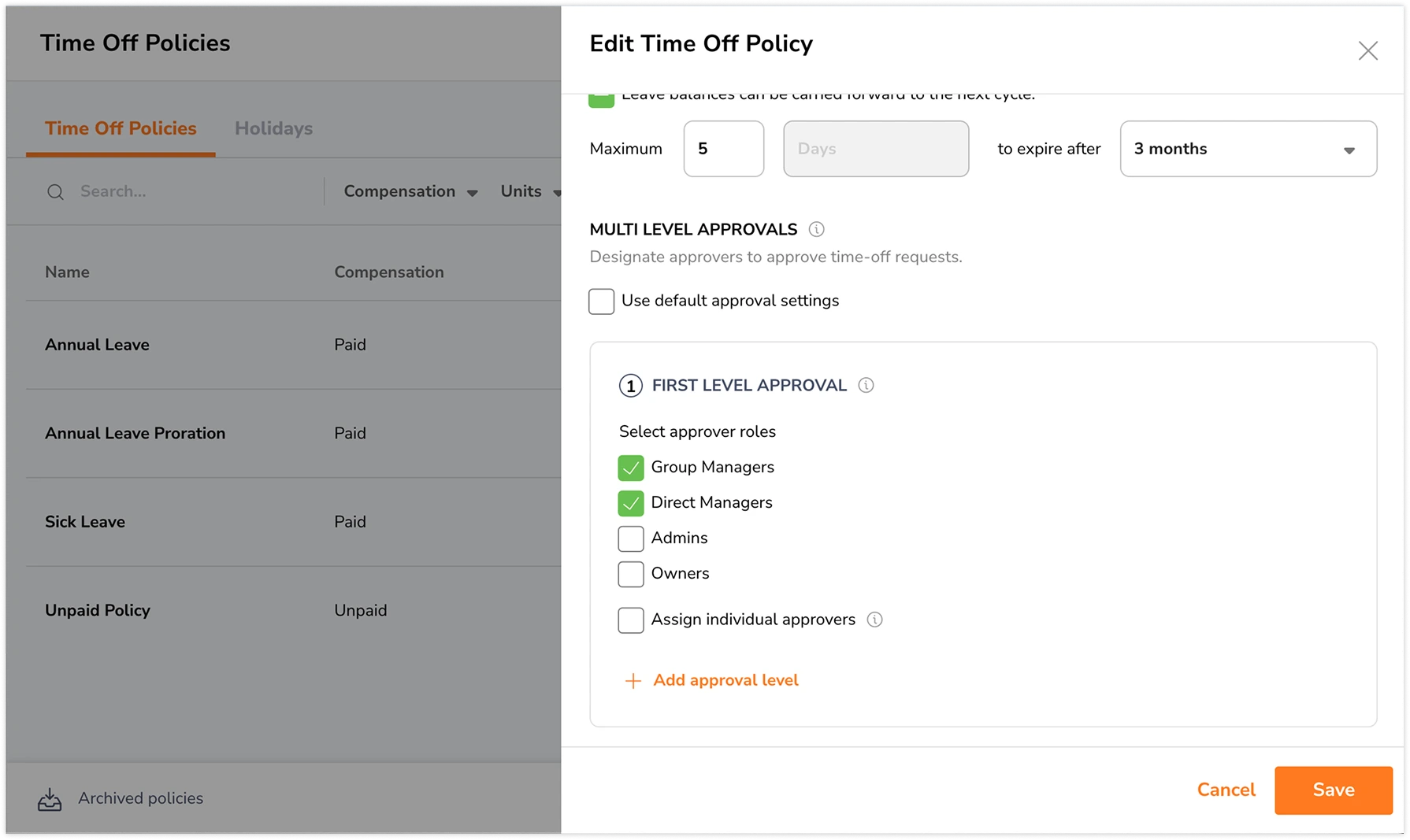 Customizing multi level approvals per time off policy