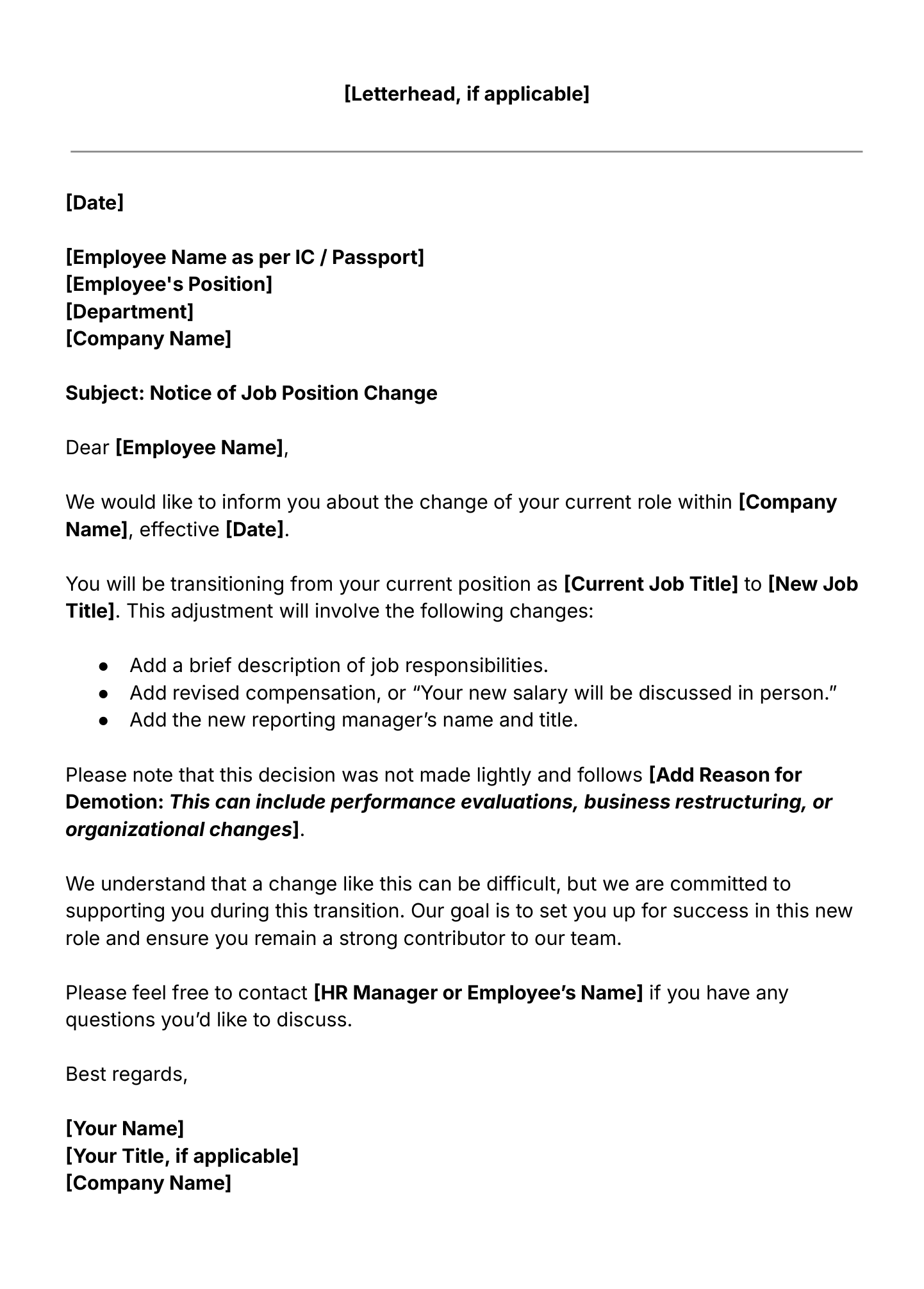 demotion letter template