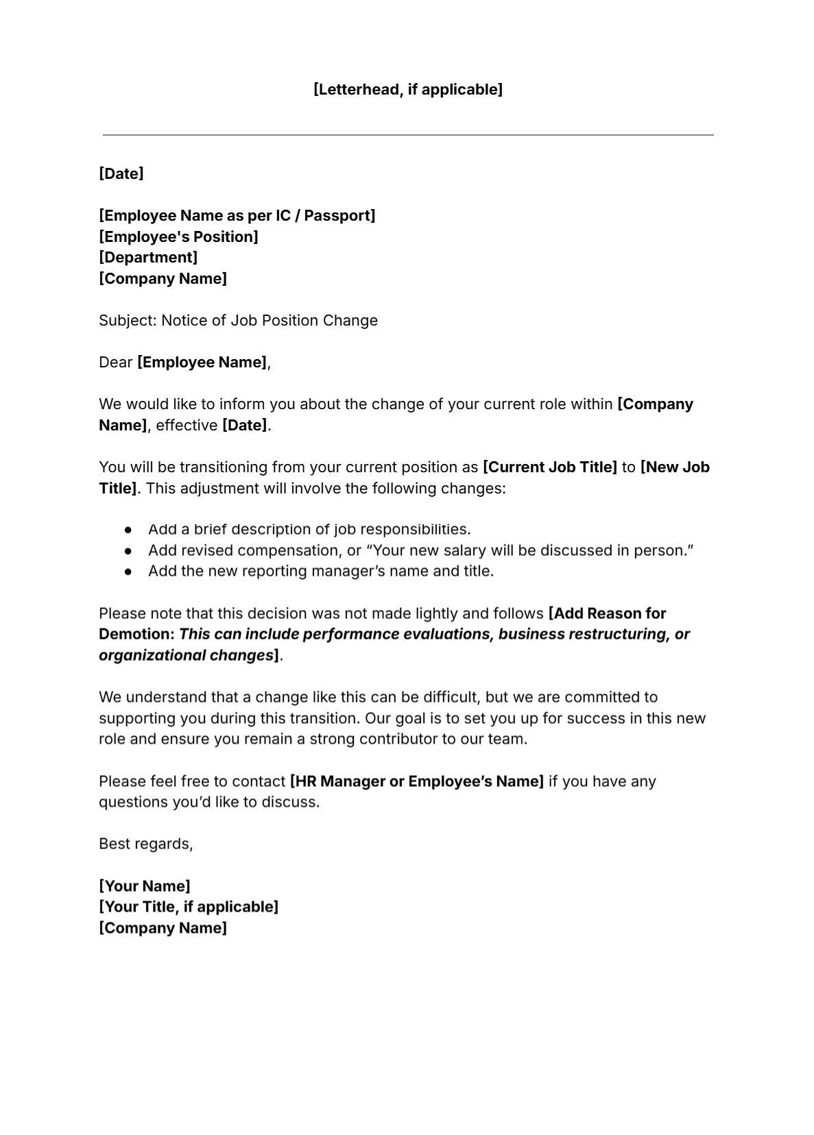 free template for employee demotion