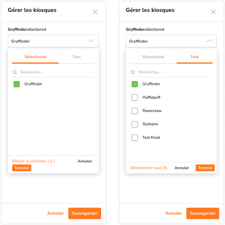 Assigner un groupe aux kiosques avec la liste des kiosques sur le web
