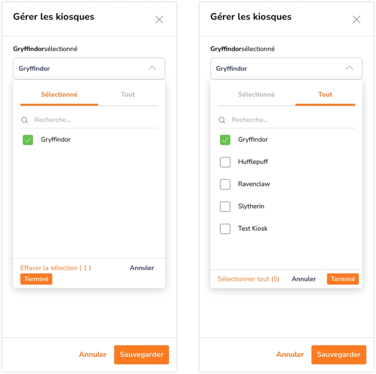 Assigner un groupe aux kiosques avec la liste des kiosques sur le web