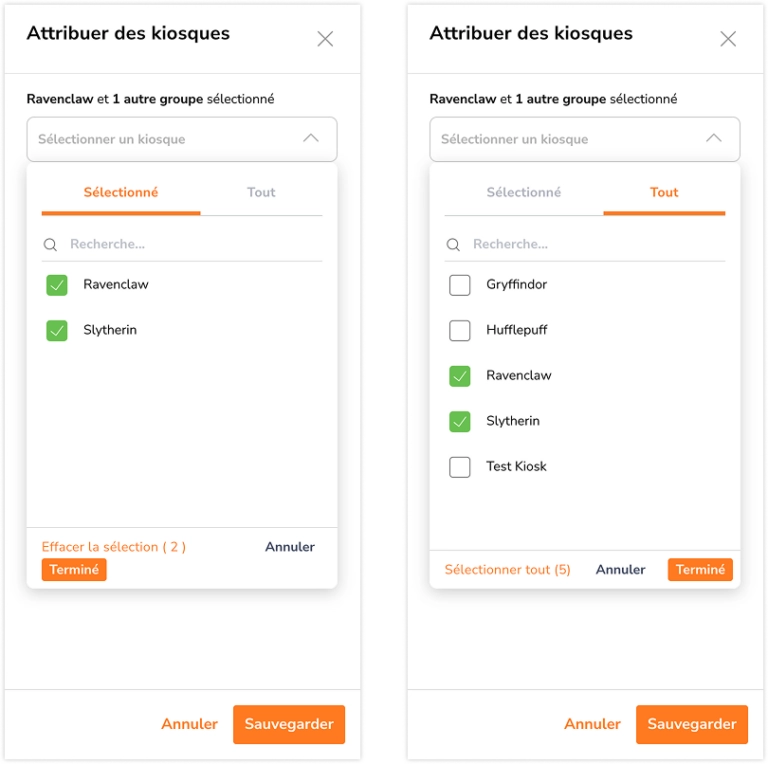 Assigner plusieurs groupes aux kiosques avec une liste de kiosques sur le web