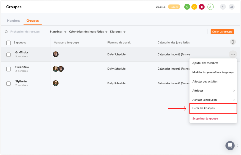 Assigner un groupe aux kiosques sur le web