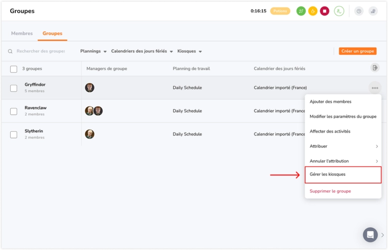 Assigner un groupe aux kiosques sur le web