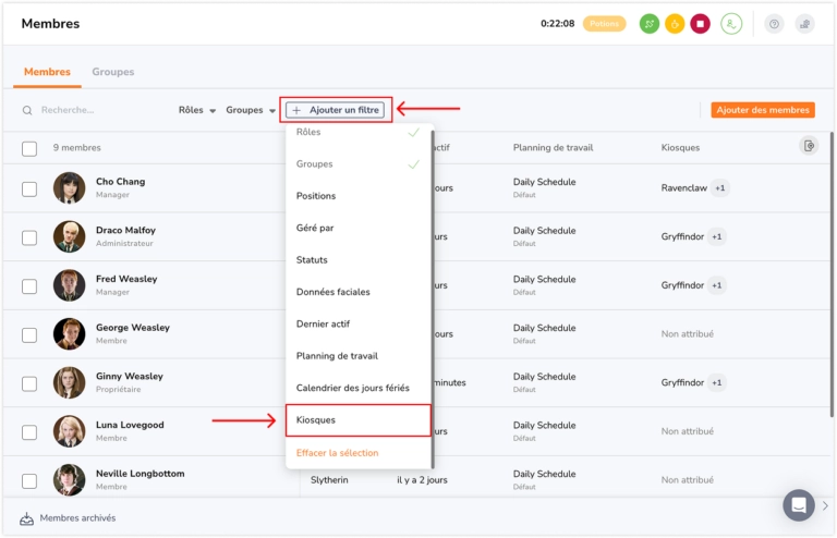 Visualisation et filtrage de l'attribution des kiosques pour les membres sur le web