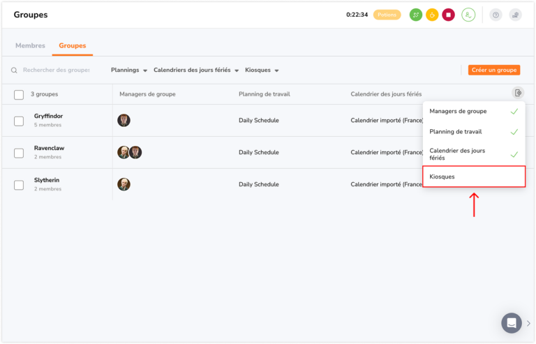 Visualisation et filtrage de l’attribution des kiosques pour les groupes sur le web