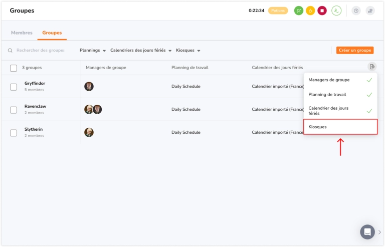 Visualisation et filtrage de l’attribution des kiosques pour les groupes sur le web