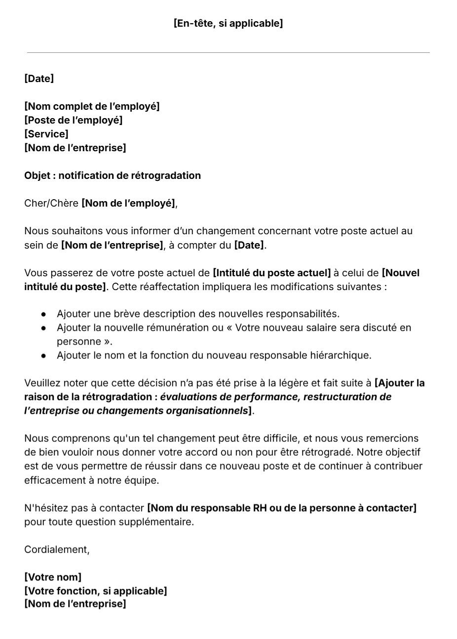 Modèle gratuit de lettre de notification de rétrogradation