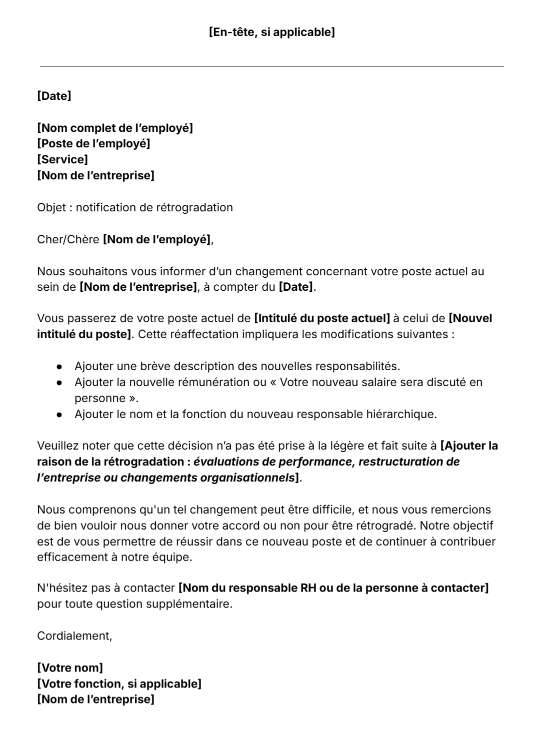 Modèle gratuit de lettre de notification de rétrogradation