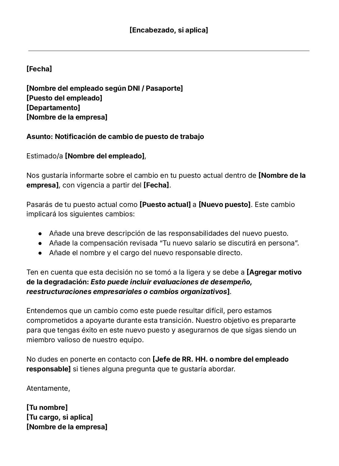 Plantilla de carta de degradación
