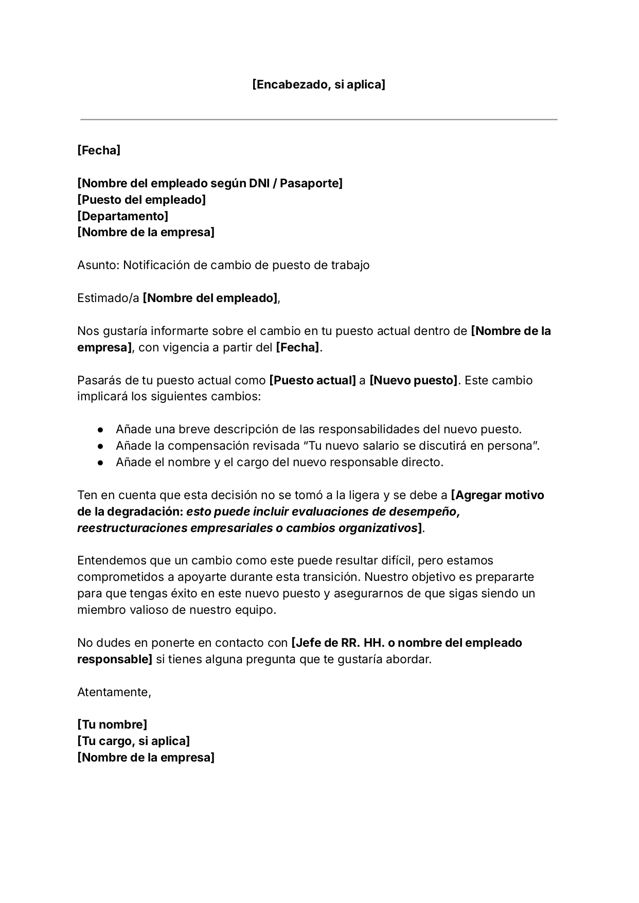 Plantilla gratuita para la degradación de un empleado