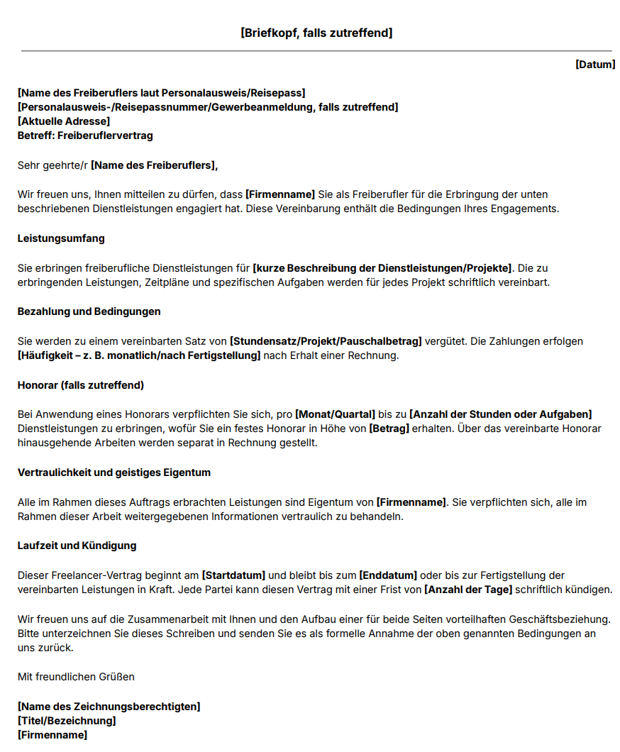 Vorlage für eine Vereinbarung für Freiberufler