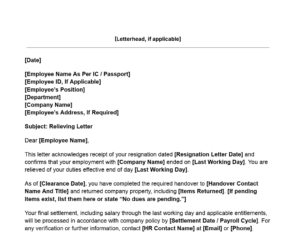 Relieving letter template thumbnail