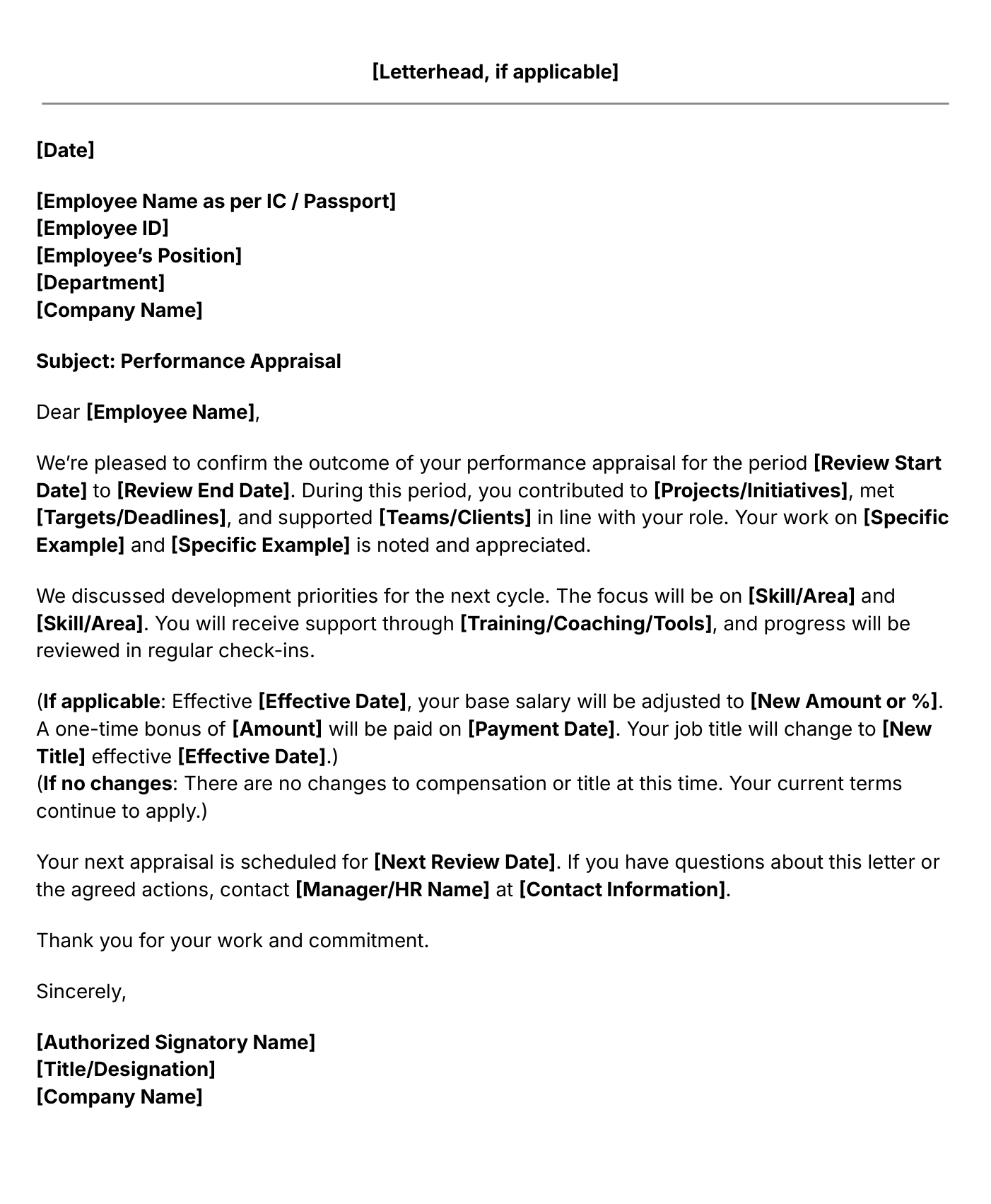 Appraisal Letter Template